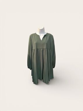 SHEIN Dark Green Long Sleeve V-Neck Babydoll Dress